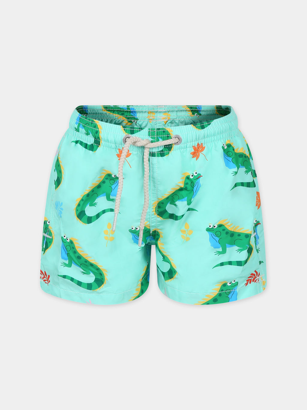 Green swimshorts for boy with iguana print and logo
